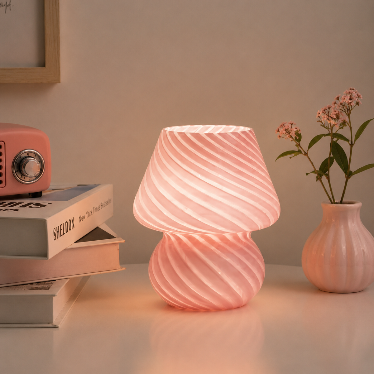 Rosa Lunaire mushroom-bordslampa i glas