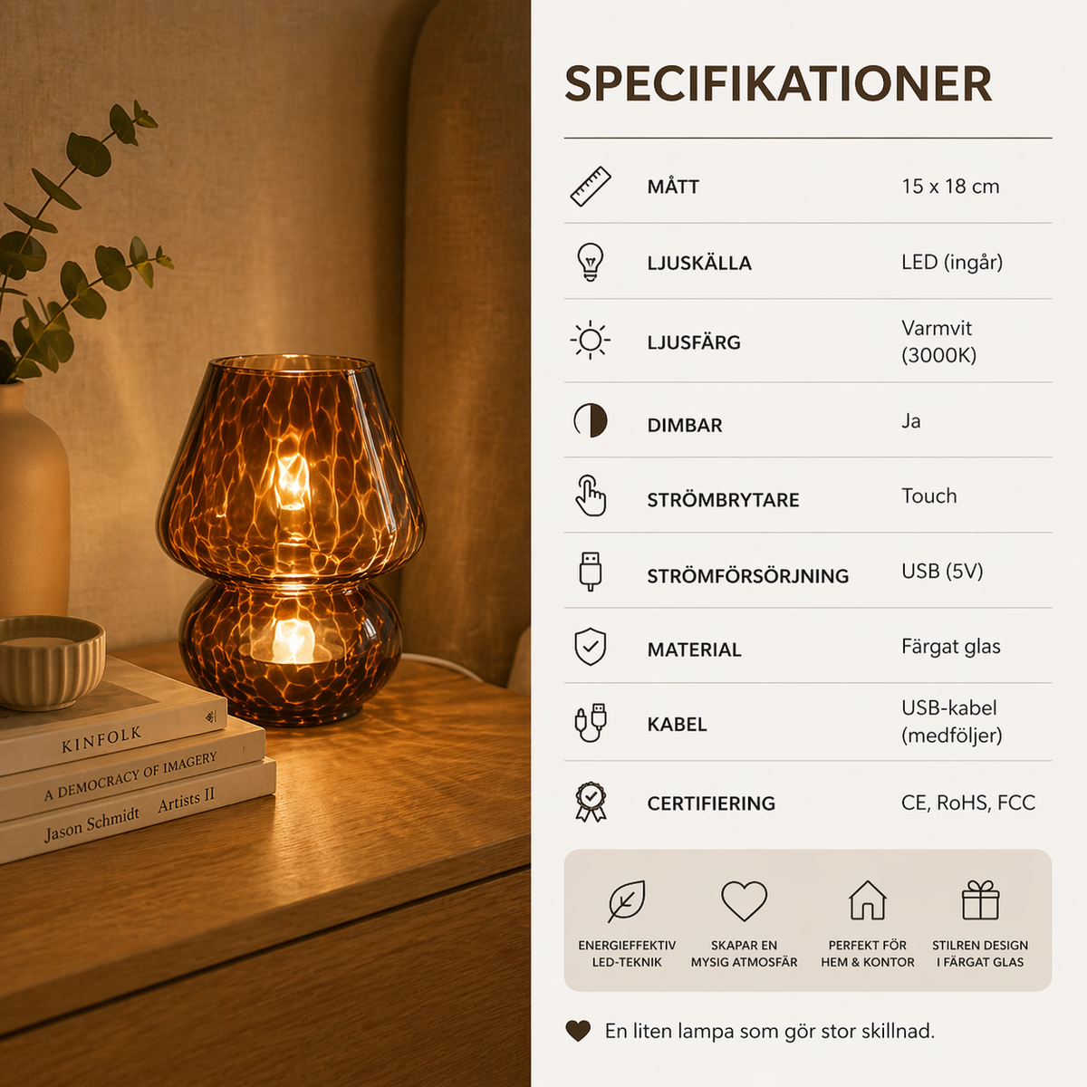 Amber Glass bordslampa i leopardfärgat glas