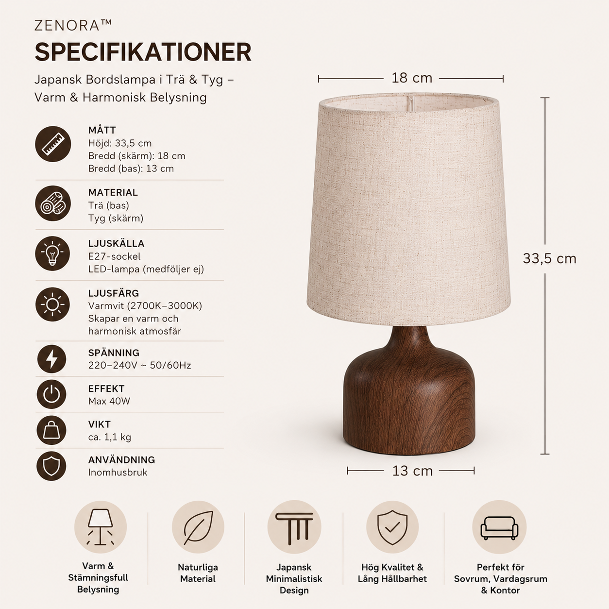 Zenora bordslampa i trä och tyg – mått och specifikationer
