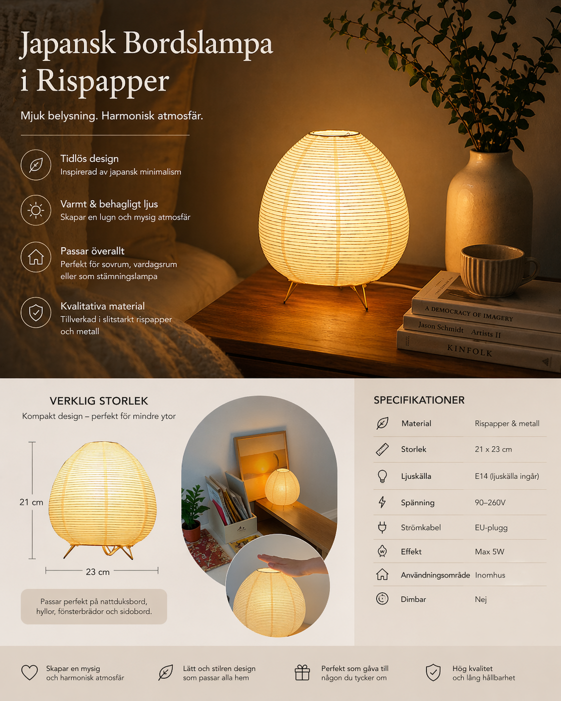 Japanskinspirerad bordslampa i rispapper