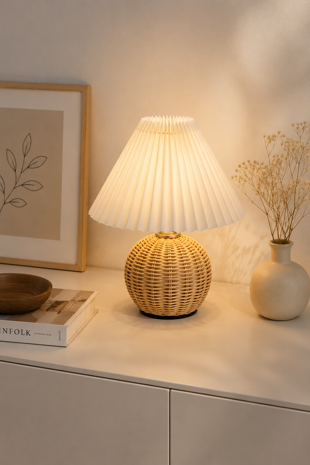 Lunea bordslampa med beige plisserad tygskärm