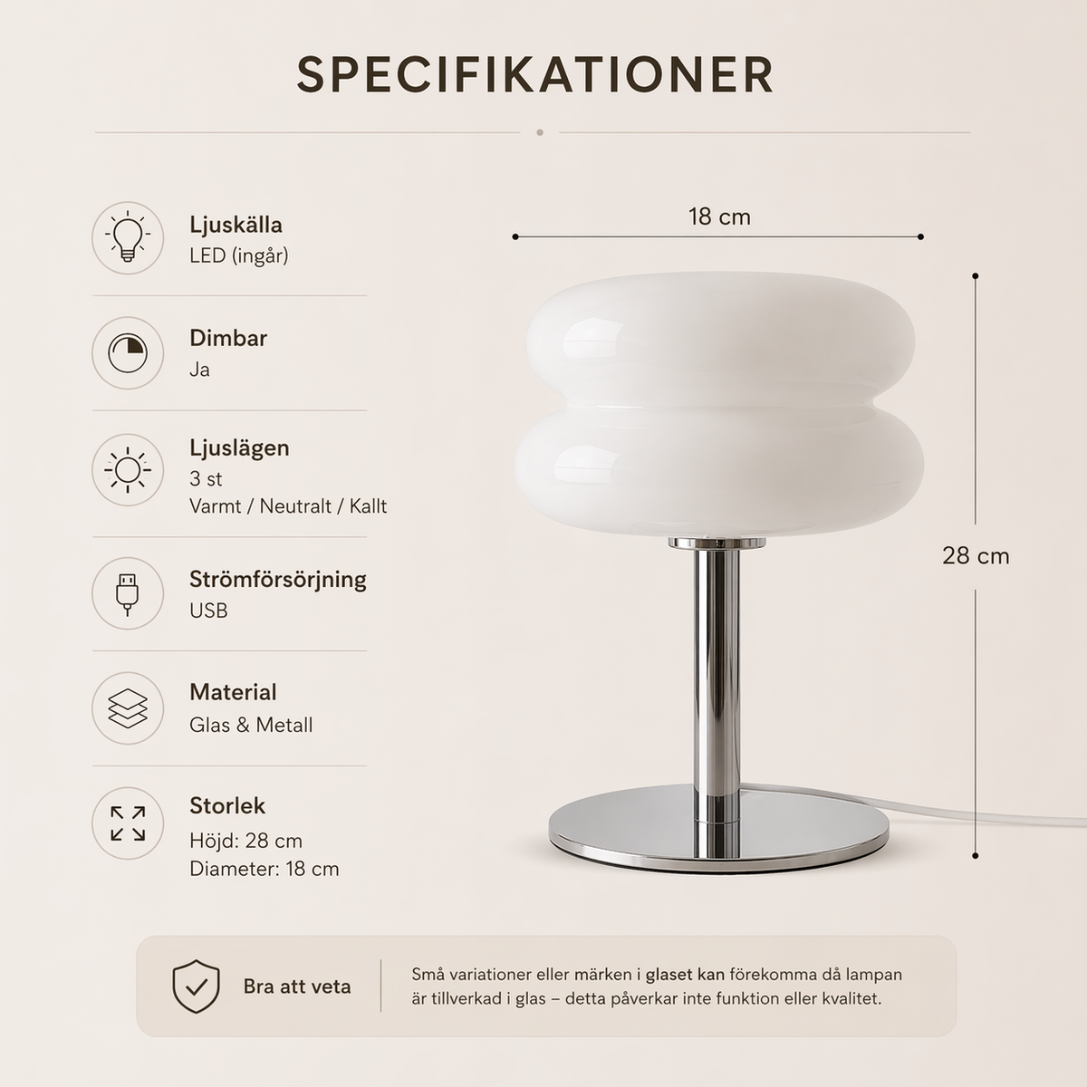 Macaron glasbordslampa – mått och specifikationer