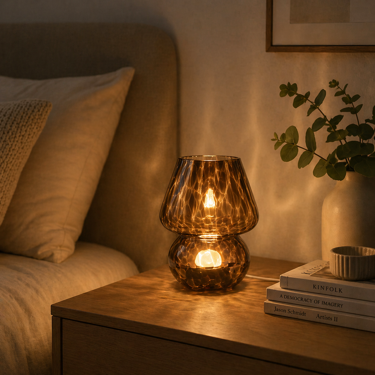Amber Glass retrobordslampa tänd