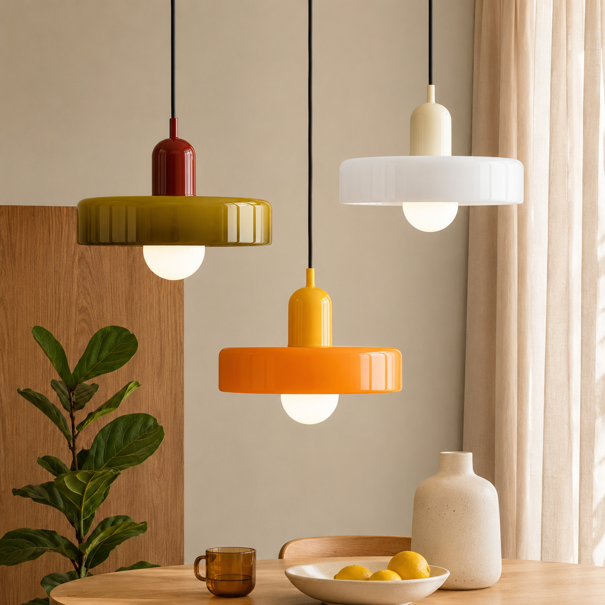 Retro Bauhaus taklampa vid köksbord tre stycken