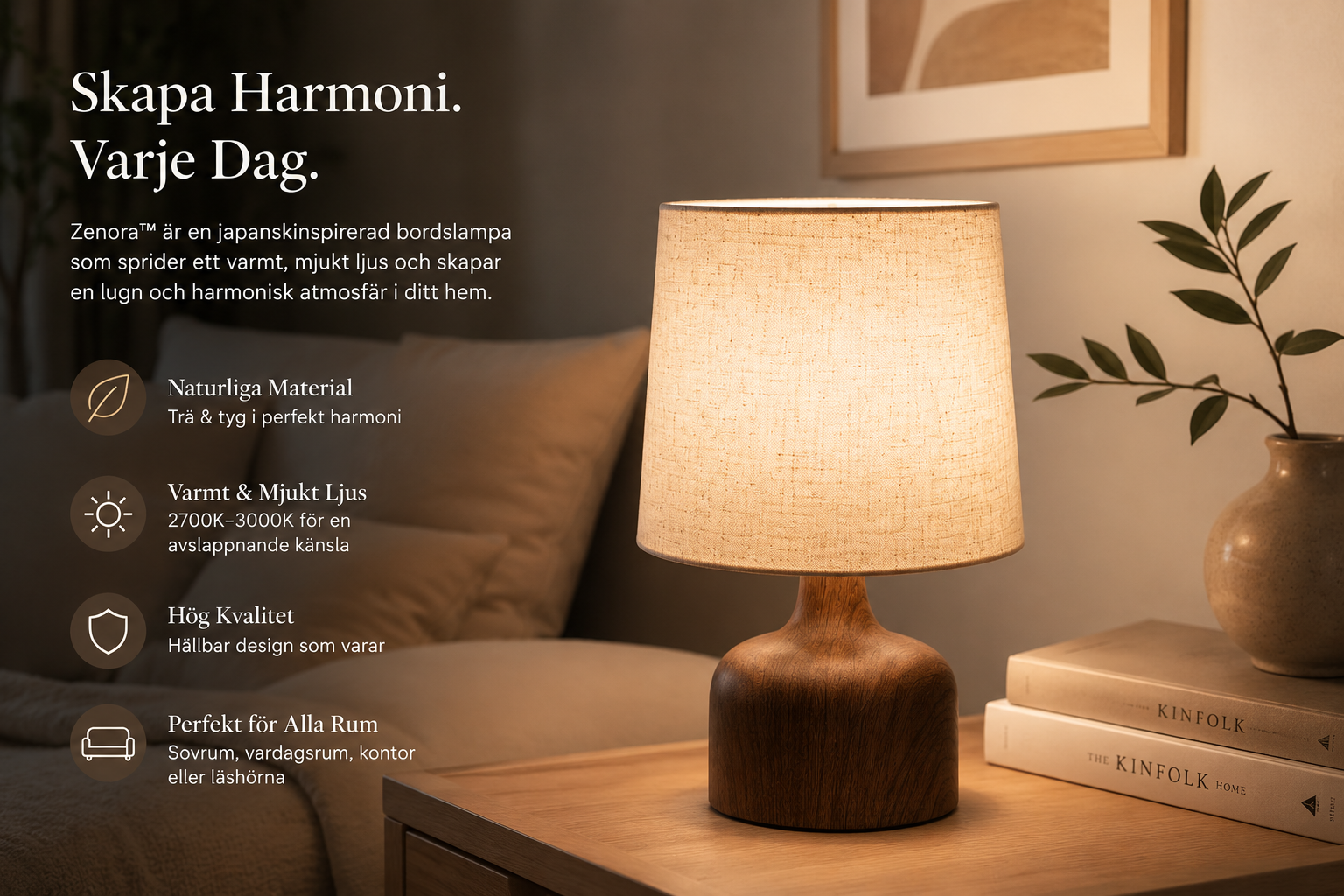 Närbild på Zenora bordslampa med trädetaljer och tygskärm